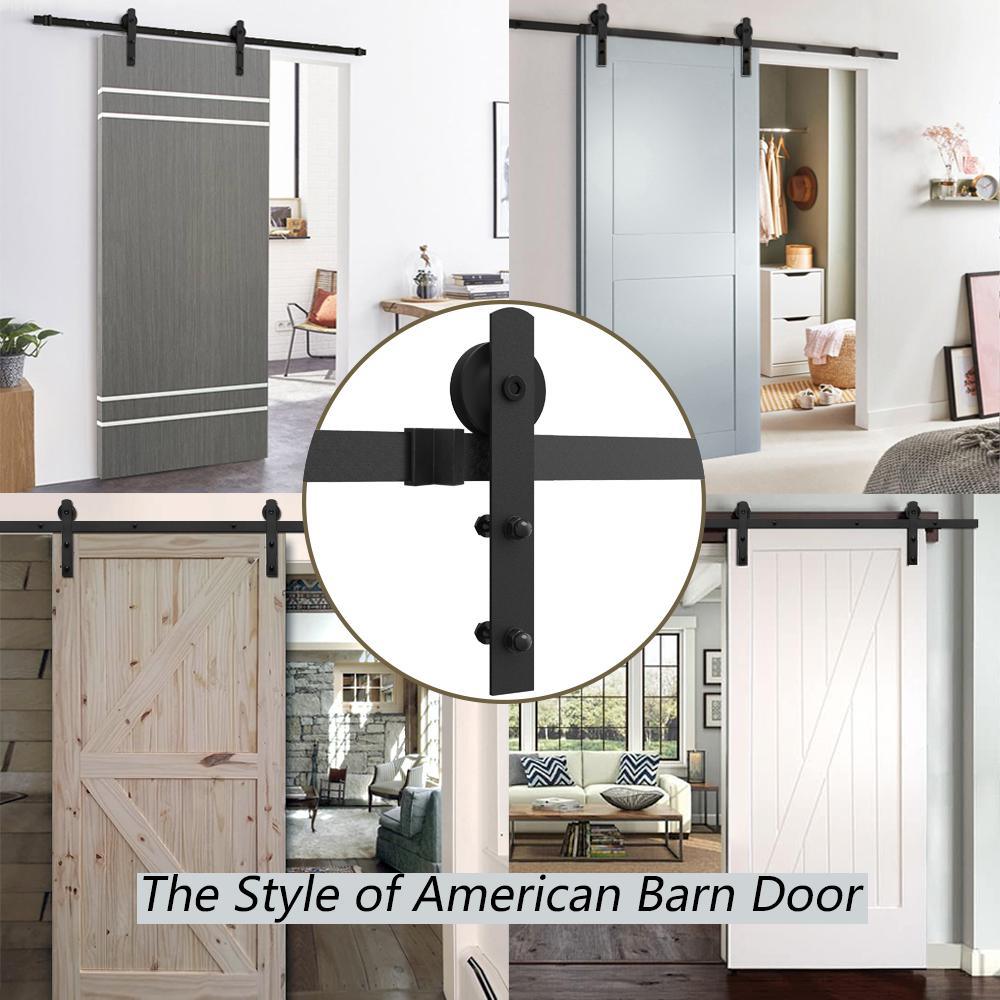 10 ft./120 in. Black Steel Straight Strap Sliding Barn Door Track and Hardware Kit for Double Doors with Floor Guide - Super Arbor