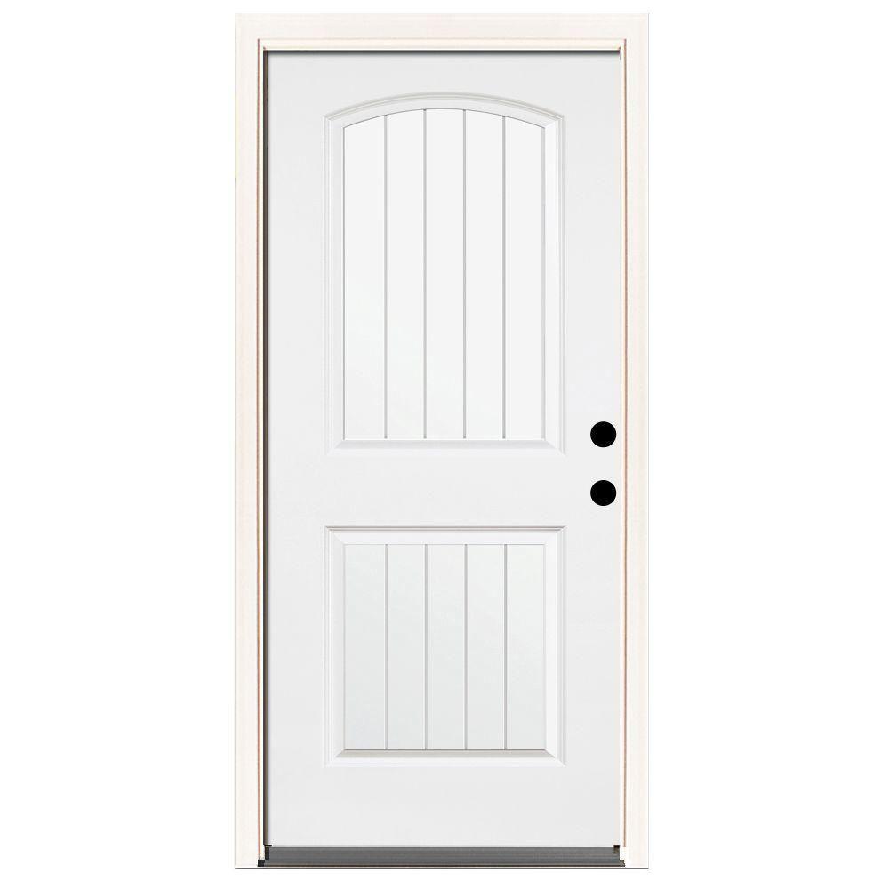 32 in. x 80 in. Premium 2-Panel Plank Primed White Steel Prehung Front Door with 32 in. Left-Hand Outswing & 4 in. Wall - Super Arbor