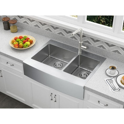 Brimley Retrofit Dual Mount Stainless Steel 33 in. 1-Hole 60/40 Double Bowl Curved Farmhouse Apron Front Kitchen Sink