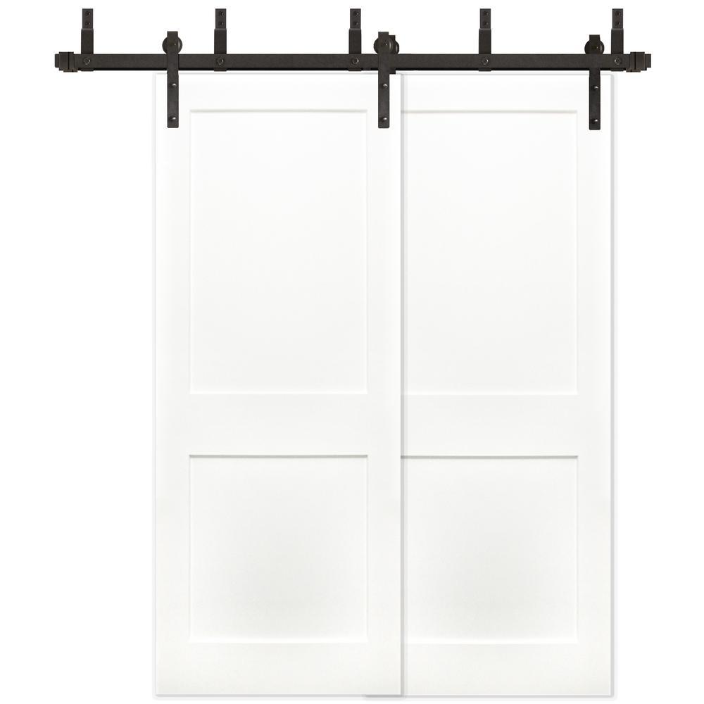 48in.x80in. Bypass Shaker Unfinished 2-Panel Solid Core Prime Pine Wood Sliding Barn Door with Bronze Hardware Kit - Super Arbor