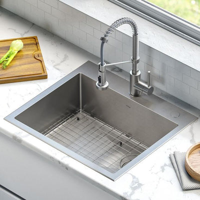 Loften All-in-One Dual Mount Stainless Steel 25in. Single Bowl Kitchen Sink with Pull Down Faucet in Spot Free Stainless