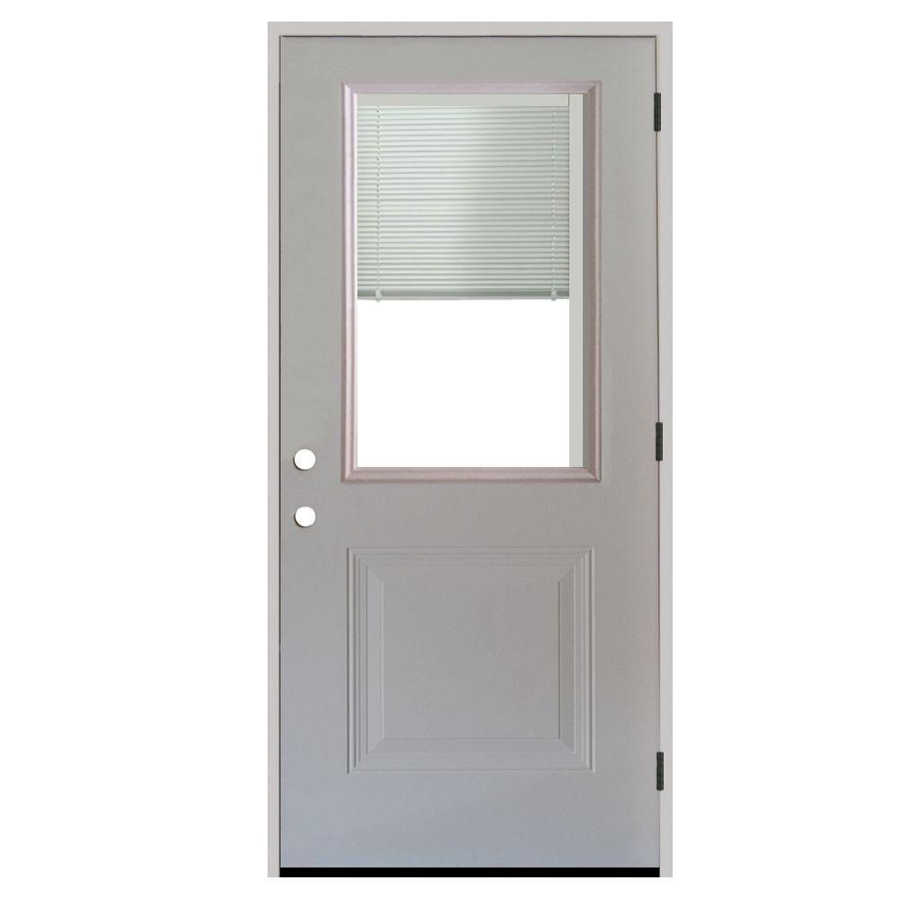 36 in. x 80 in. 1-Panel 1/2 Lite Mini-Blind Primed White Steel Prehung Front Door - Super Arbor