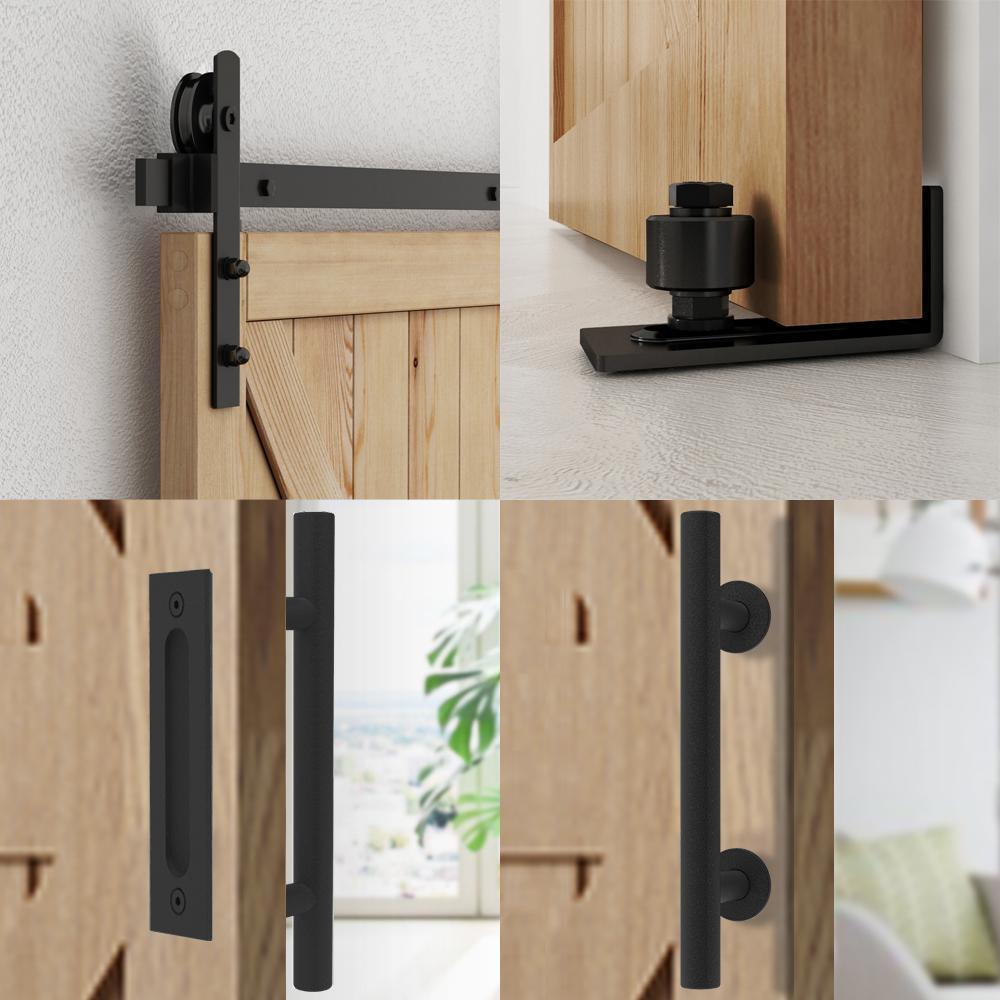 8 ft./96 in. Black Steel Straight Sliding Barn Door Track and Hardware Kit with 12 in. Cylinder Handle and Floor Guide - Super Arbor