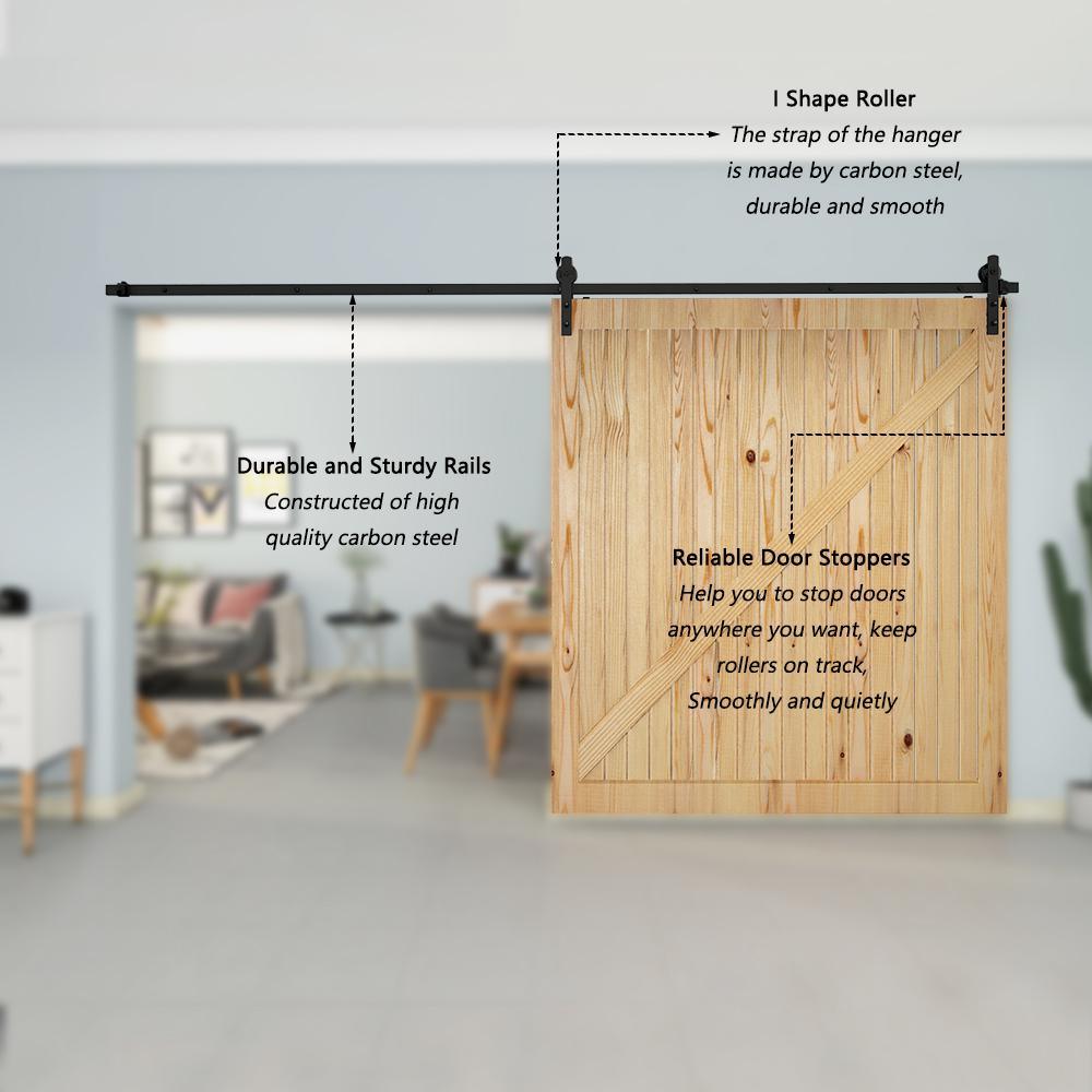 12 ft./144 in Black Straight Strap Sliding Barn Door Track and Hardware Kit for Single Door with Floor Guide - Super Arbor