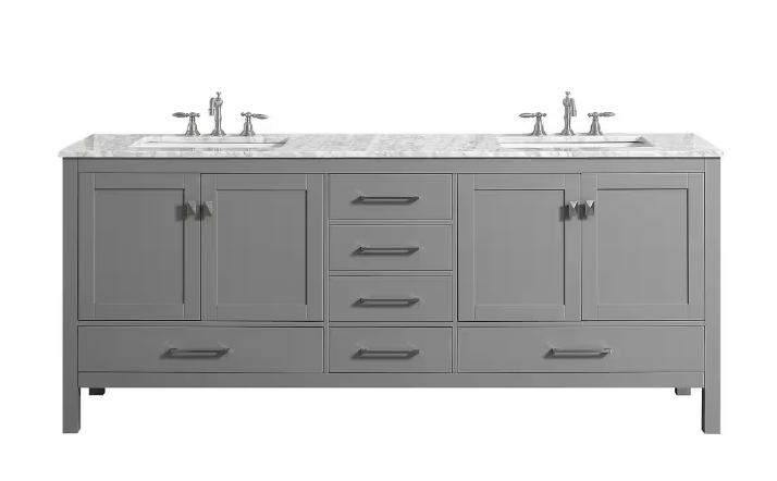Eviva Aberdeen 78 in. W x 22 in. D x 34 in. H Double Bathroom Vanity in Gray with Carrara Top and White Undermount Sinks