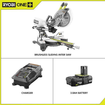 18-Volt ONE+ONE Cordless Brushless 10 in. Dual Bevel Sliding Miter Saw with 2.0 Ah Battery and Charger Kit