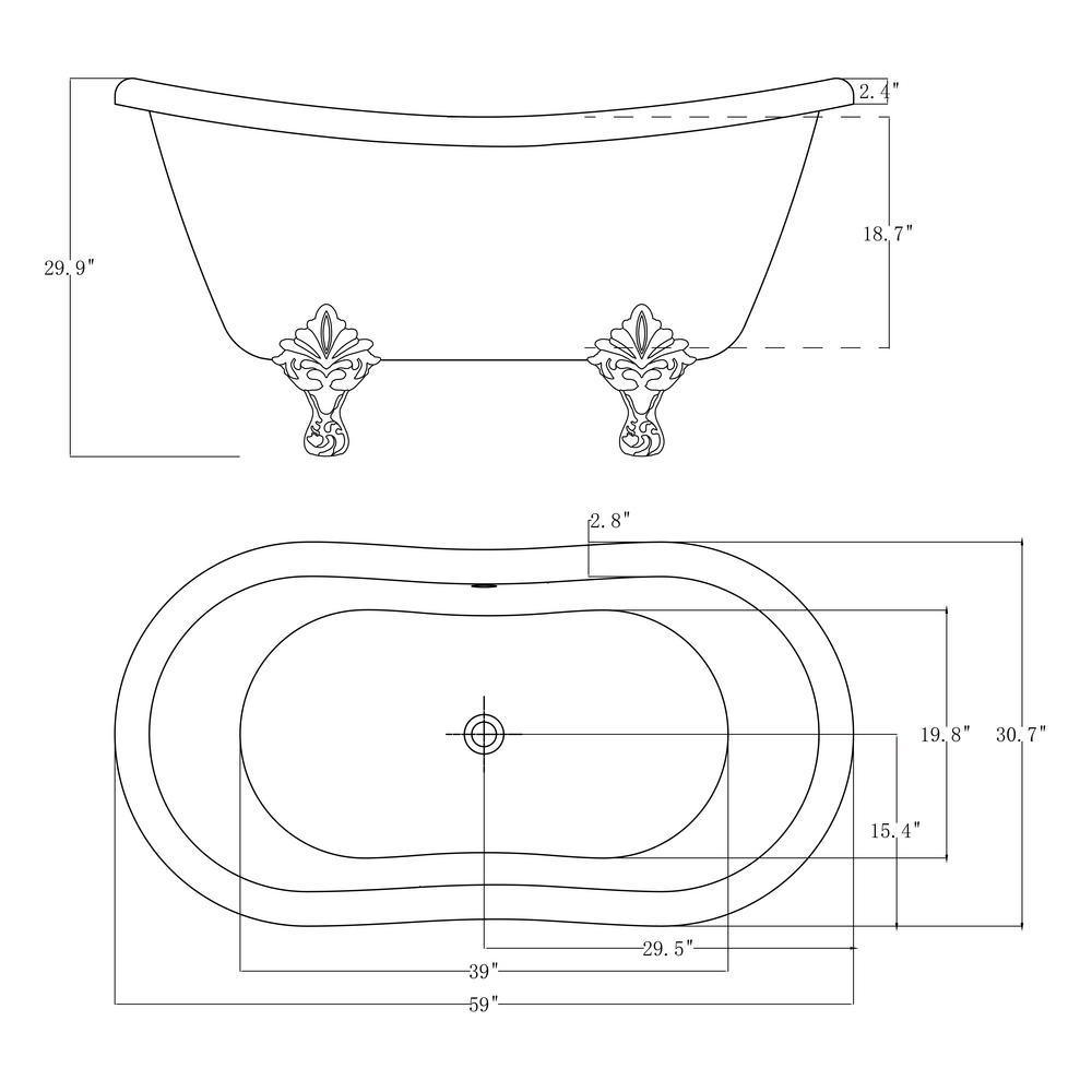 59 in. Fiberglass Double Slipper Clawfoot Non-Whirlpool Bathtub in Matte Antique Brass - Super Arbor