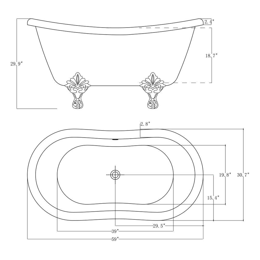 59 in. Fiberglass Double Slipper Clawfoot Non-Whirlpool Bathtub in Matte White - Super Arbor