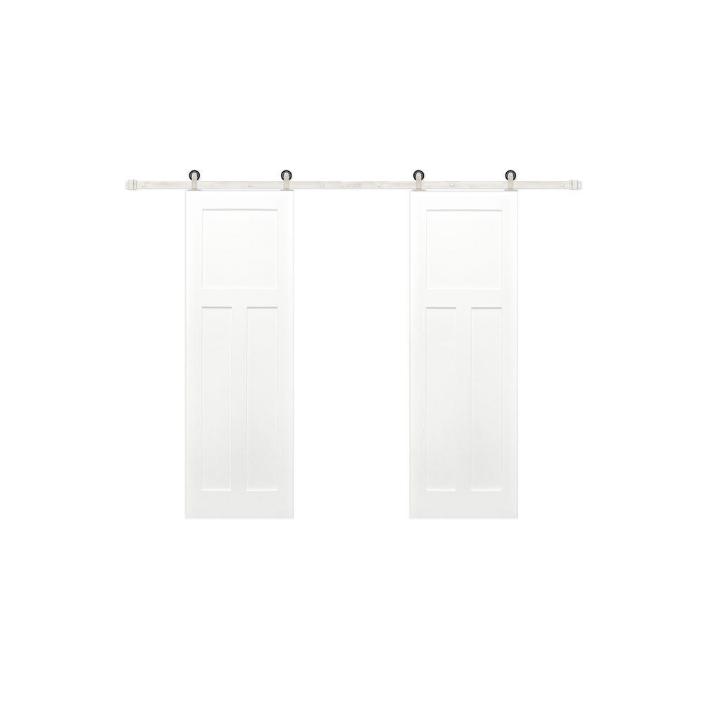 60 in. x 80 in. Bi-Parting Shaker 3-Panel Solid Core Primed Pine Sliding Barn Door with Bronze Hardware Kit - Super Arbor