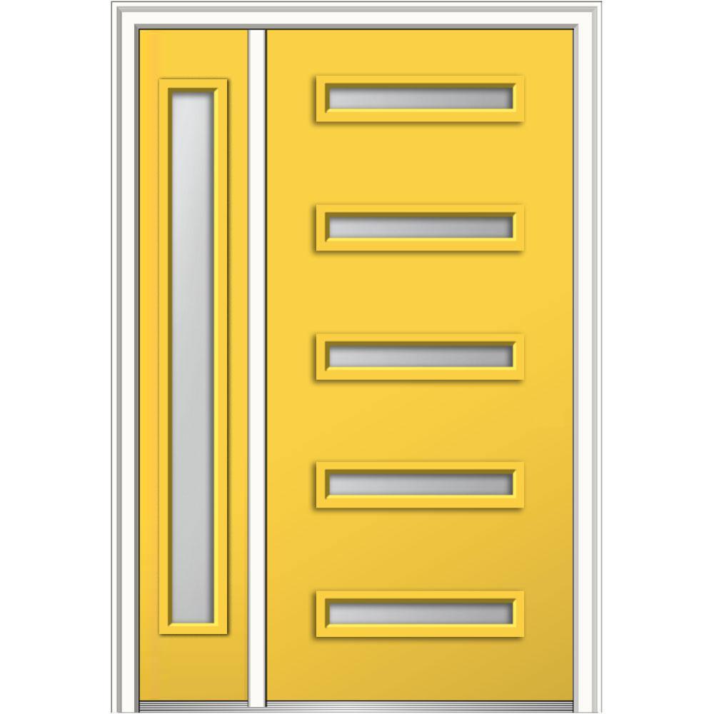 53 in. x 81.75 in. Davina Frosted Glass Right-Hand Inswing 5-Lite Modern Painted Steel Prehung Front Door with Sidelite - Super Arbor