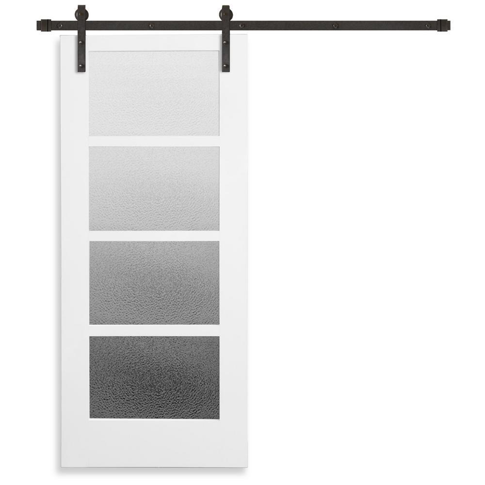 Farmhouse Series 36 in. x 84 in. 4-Lite Mistlite Glass White Primed Wood Interior Sliding Barn Door with Bronze Hard - Super Arbor