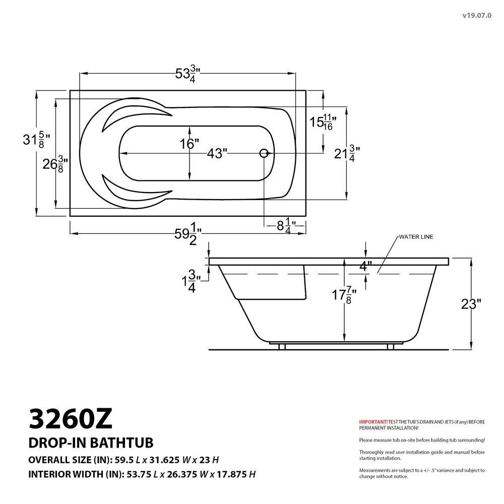 Zircon 5 ft. Right Drain Rectangular Drop-in Whirlpool Bathtub in White - Super Arbor