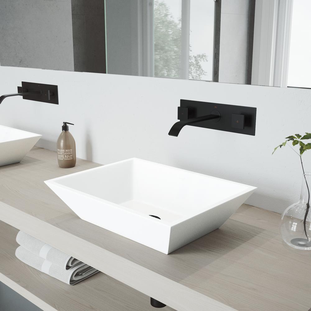 Vinca White Matte Stone Vessel Bathroom Sink Set with Titus Wall Mount Faucet in Matte Black - Super Arbor