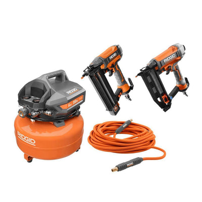 6 Gal. Compressor with 50 ft. Lay Flat Hose and 18-Gauge Brad Nailer with 16-Gauge Straight Finish Nailer - Super Arbor