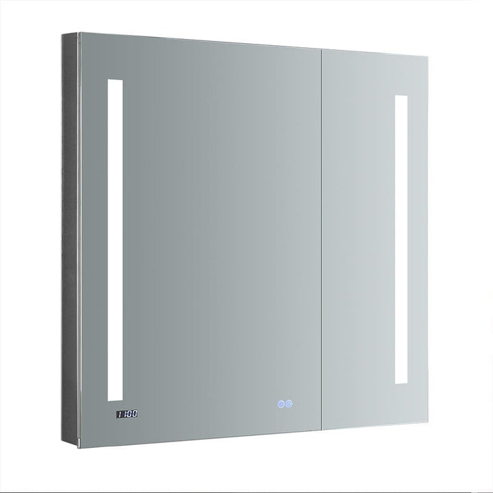 Fresca Tiempo 35.4-in x 35.4-in Lighted LED Fog Free Surface/Recessed Mount LED Lighting Mirrored Soft Close Medicine Cabinet with Outlet