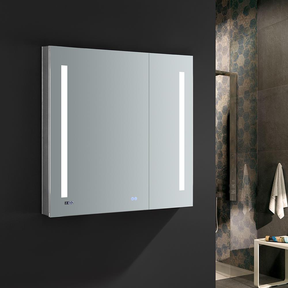 Fresca Tiempo 35.4-in x 35.4-in Lighted LED Fog Free Surface/Recessed Mount LED Lighting Mirrored Soft Close Medicine Cabinet with Outlet