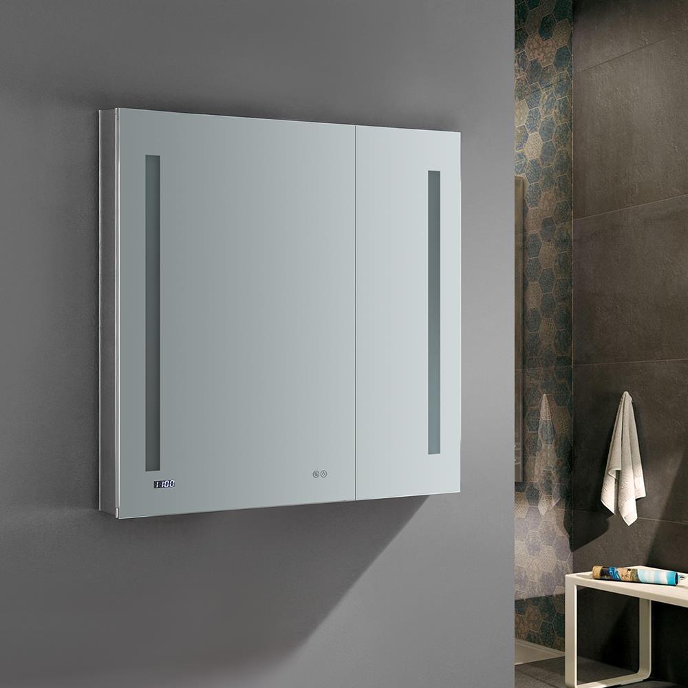 Fresca Tiempo 35.4-in x 35.4-in Lighted LED Fog Free Surface/Recessed Mount LED Lighting Mirrored Soft Close Medicine Cabinet with Outlet