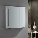 Fresca Tiempo 35.4-in x 35.4-in Lighted LED Fog Free Surface/Recessed Mount LED Lighting Mirrored Soft Close Medicine Cabinet with Outlet