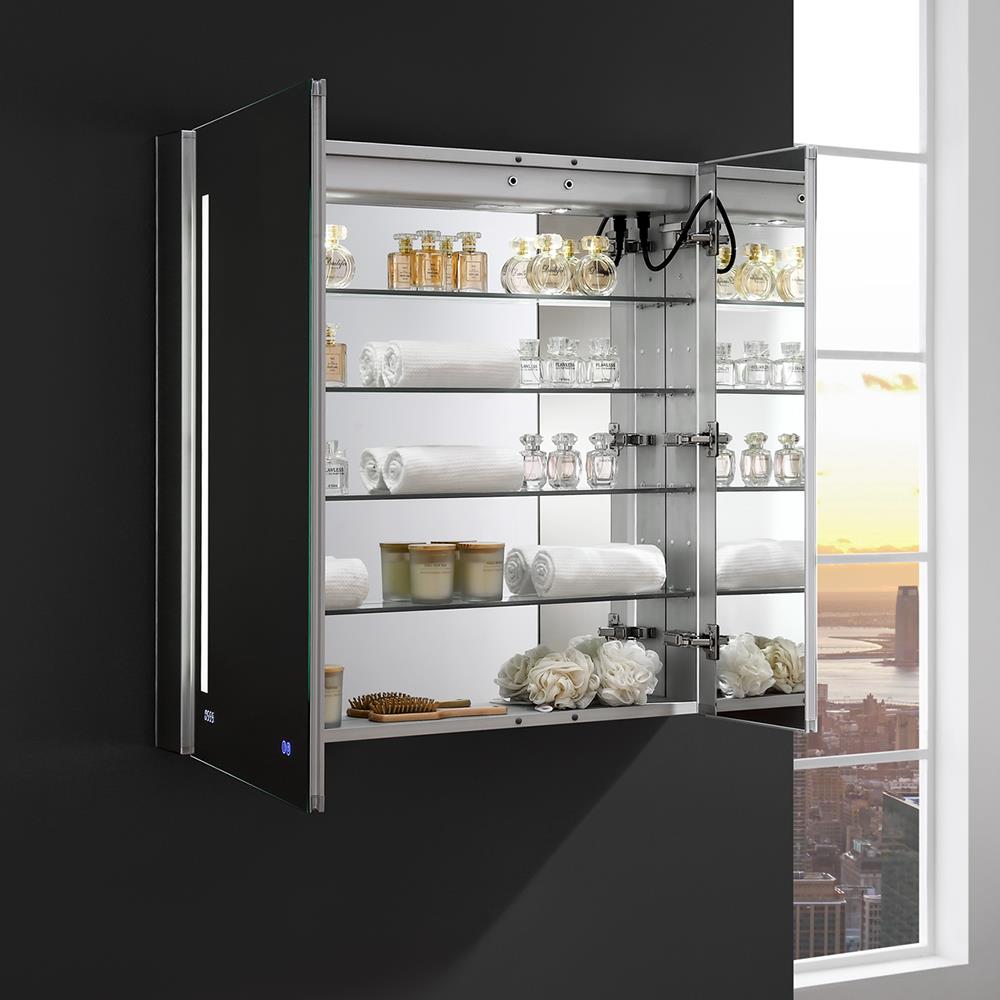 Fresca Tiempo 35.4-in x 35.4-in Lighted LED Fog Free Surface/Recessed Mount LED Lighting Mirrored Soft Close Medicine Cabinet with Outlet