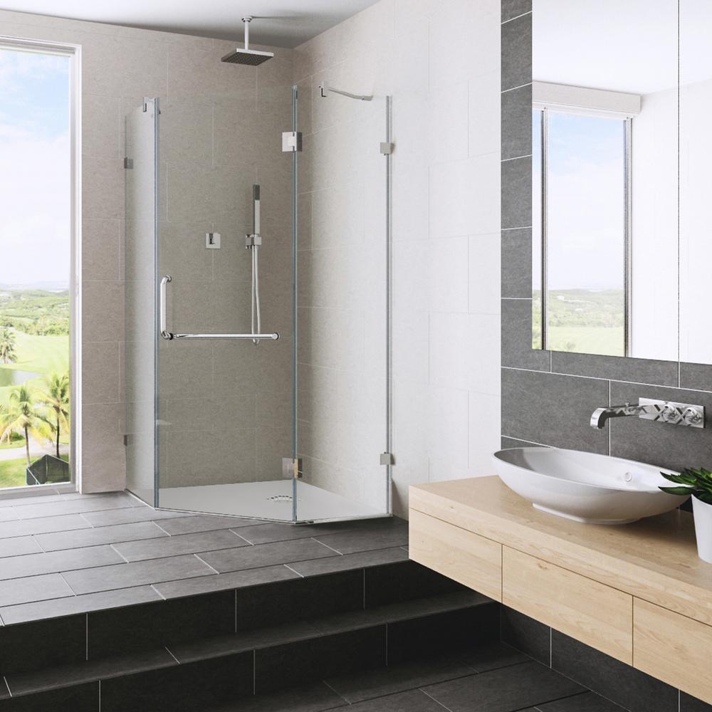 Piedmont 36.125 in. x 73.375 in. Frameless Neo-Angle Hinged Corner Shower Enclosure in Brushed Nickel with Clear Glass - Super Arbor