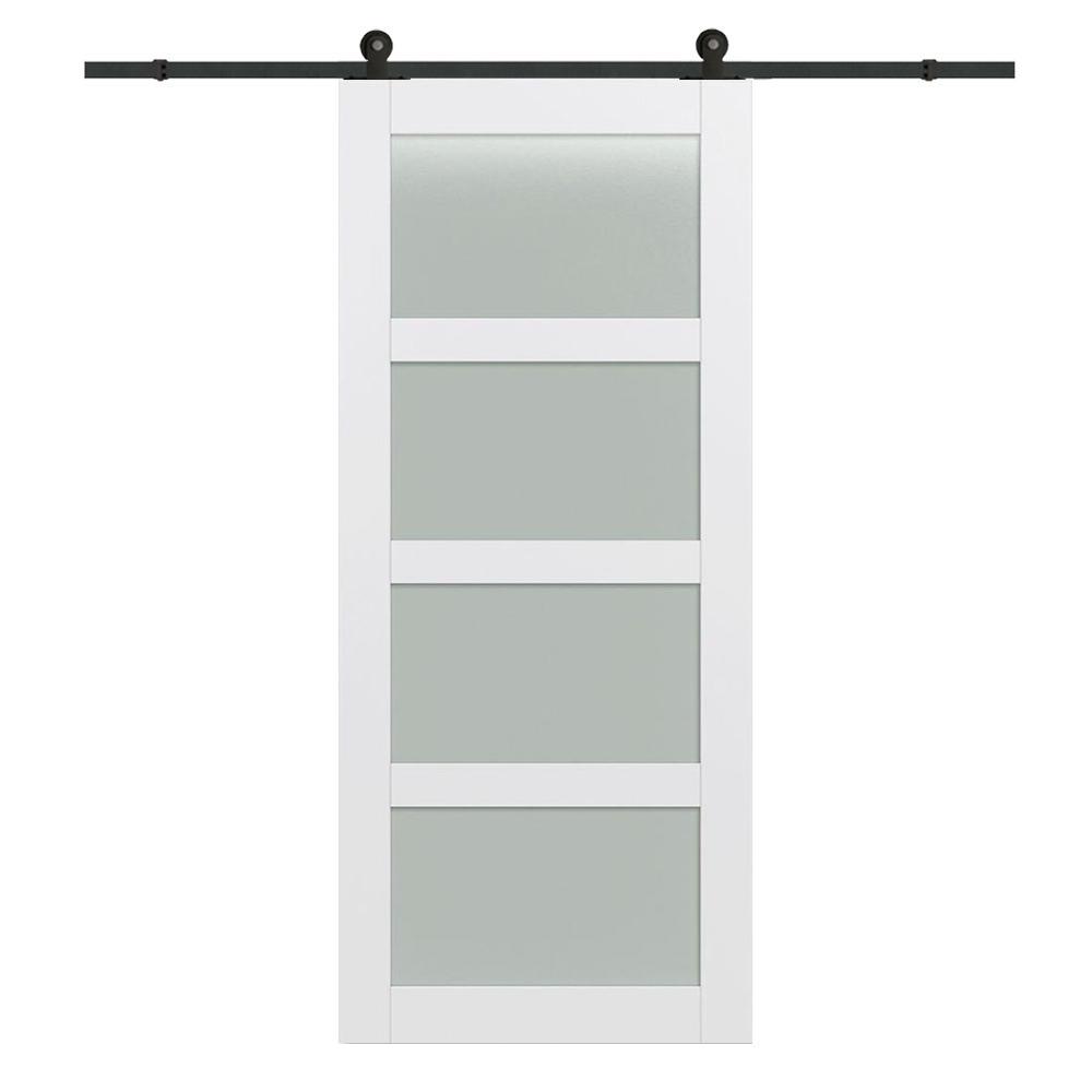 42 in. x 84 in. Shaker 4-Lite Frosted Glass Primed MDF Sliding Barn Door with Top Mount Hardware Kit - Super Arbor