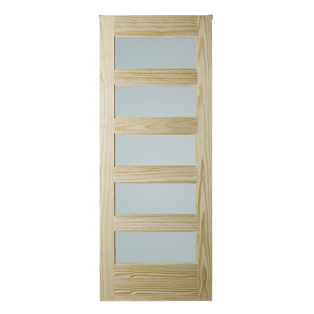 33 in. x 84 in. Unfinished Clear Pine 5-Lite Frosted Interior Barn Door Slab