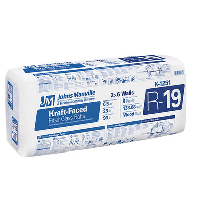 JM (Johns Manville) R-19 Kraft-Faced Fiberglass Batt Insulation, 23 in x 93 in (133.68 sq ft)