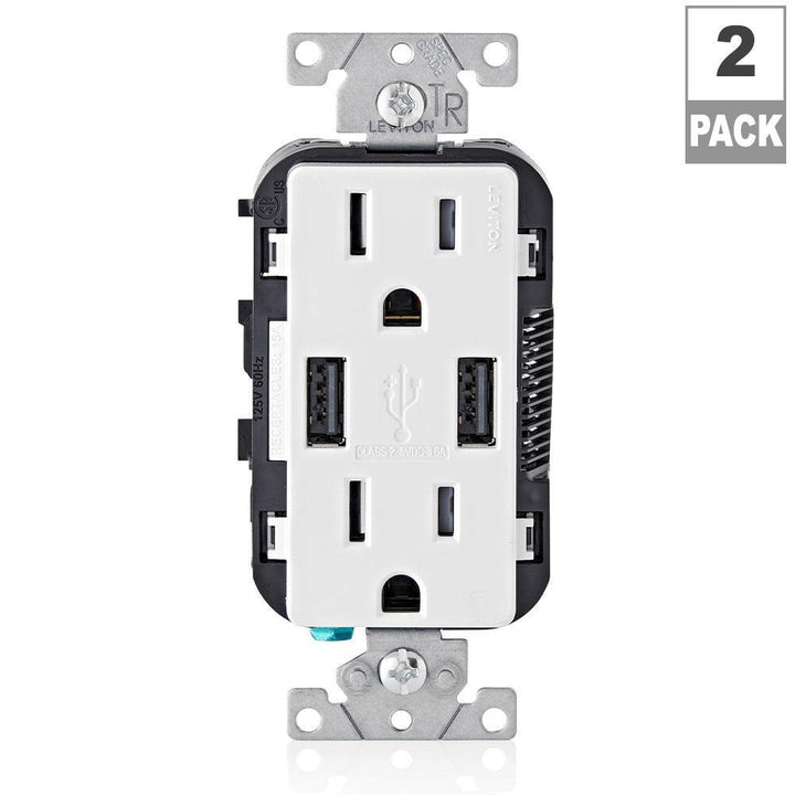 Decora 15 Amp Combination Duplex Outlet and USB Charger White (2-Pack) - Super Arbor