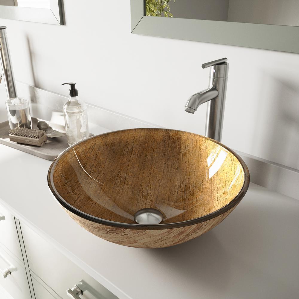 Glass Vessel Bathroom Sink in Gray Onyx and Seville Faucet Set in Matte Black - Super Arbor
