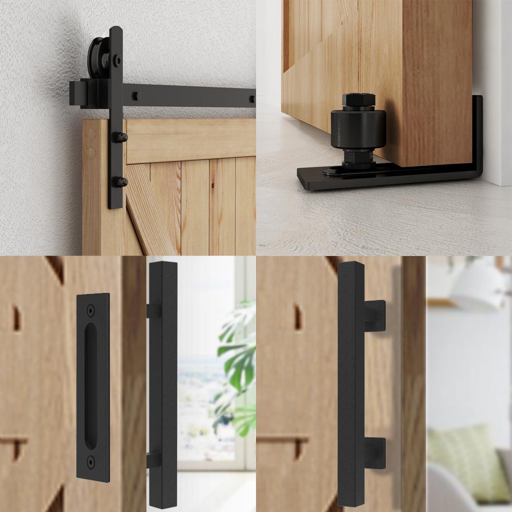 8 ft./96 in. Black Steel Straight Sliding Barn Door Track and Hardware Kit with 12 in. Square Handle and Floor Guide - Super Arbor