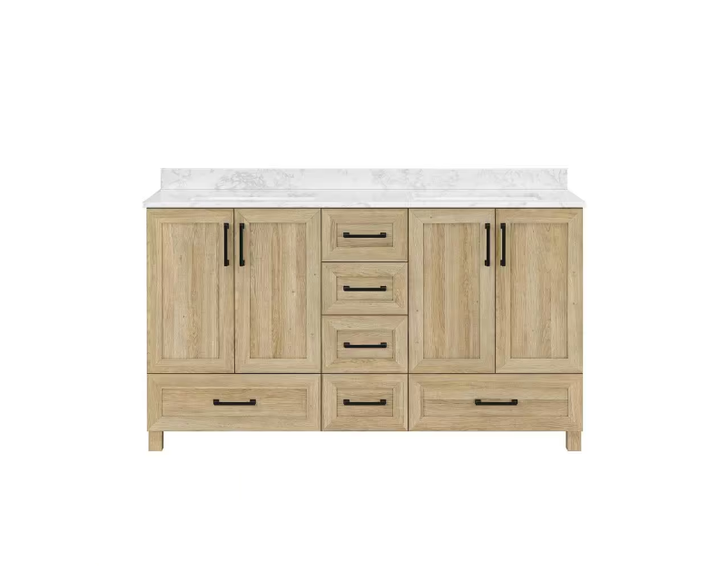 Glacier Bay Tobana 60 in. W x 19 in. D x 34 in. H Double Sink Bath Vanity in Weathered Tan with White Engineered Marble Top