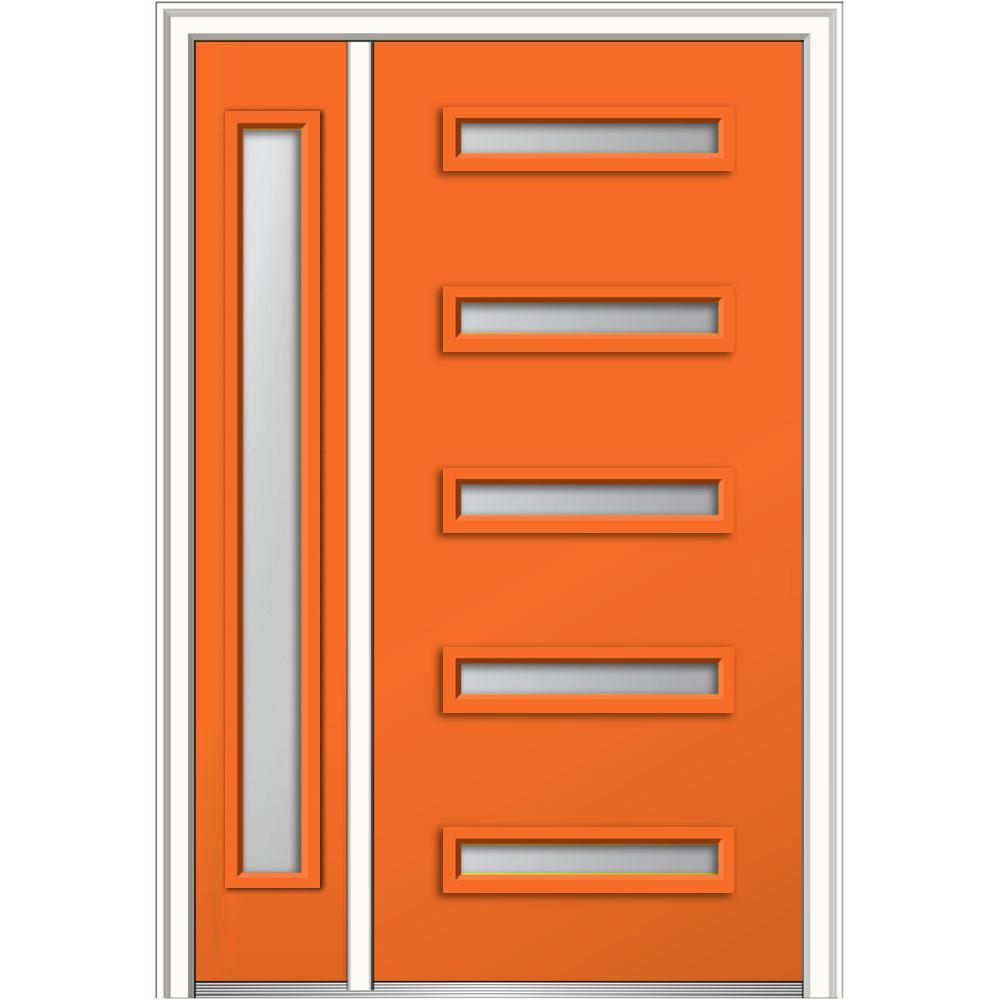 53 in. x 81.75 in. Davina Frosted Glass Right-Hand Inswing 5-Lite Modern Painted Steel Prehung Front Door with Sidelite - Super Arbor