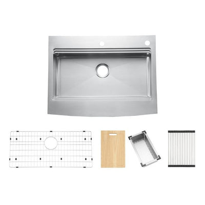 Blanchard Retrofit Workstation Dual Mount Stainless Steel 33 in. 2-Hole Single Bowl Curved Front Apron Kitchen Sink