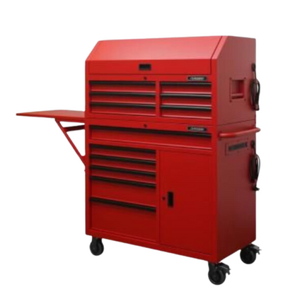 Husky 44 in. W 12-Drawer Deep Combination Tool Chest and Rolling Cabinet Set in Matte Red with Extended Side Table