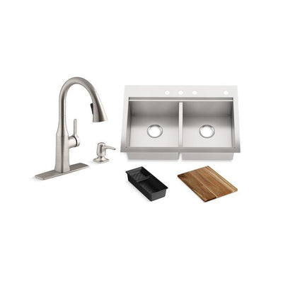 Lyric Workstation 33 in. Dual Mount Stainless Steel Double Bowl Kitchen Sink with Rubicon Kitchen Faucet