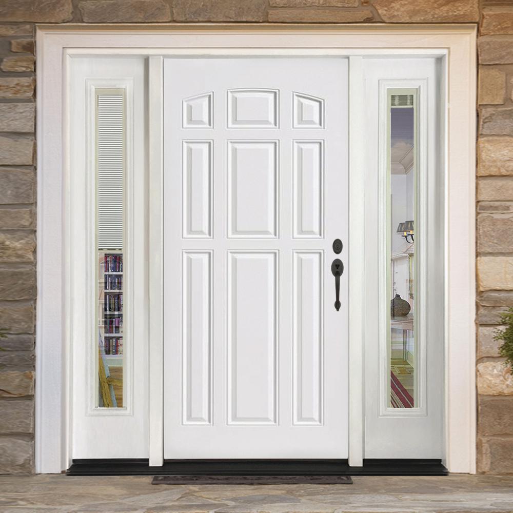 68 in. x 80 in. 9-Panel Primed White Left-Hand Steel Prehung Front Door with 14 in. Mini Blind Sidelites 4 in. Wall - Super Arbor