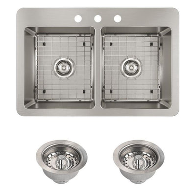 Avenue Drop-in/Undermount Stainless Steel 33 in. 50/50 Double Bowl Kitchen Sink with Bottom Grid and Drains