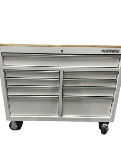 Husky 46 in. W x 24.5 in D Standard Duty 9-Drawer Mobile Workbench Tool Chest with Solid Wood Top in Gloss White