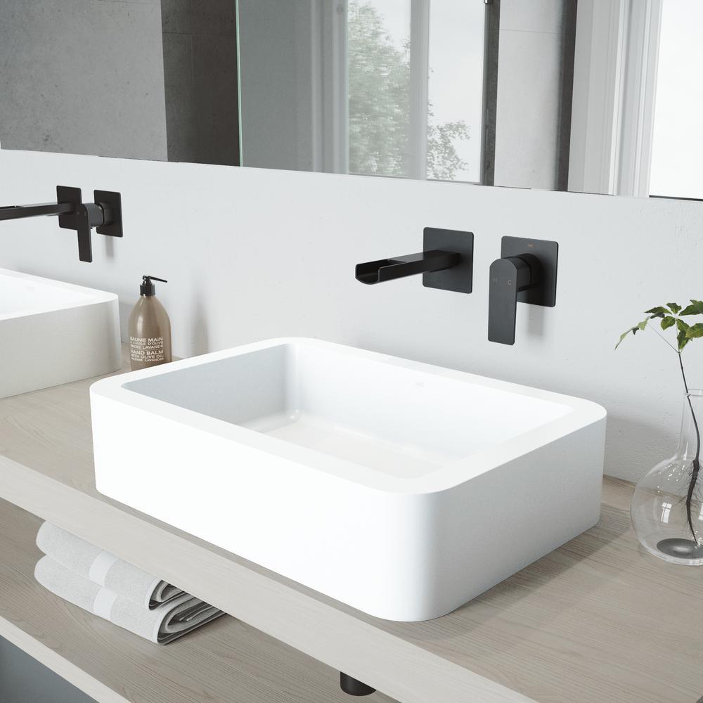 Petunia White Matte Stone Vessel Bathroom Sink Set with Atticus Wall Mount Faucet in Matte Black - Super Arbor