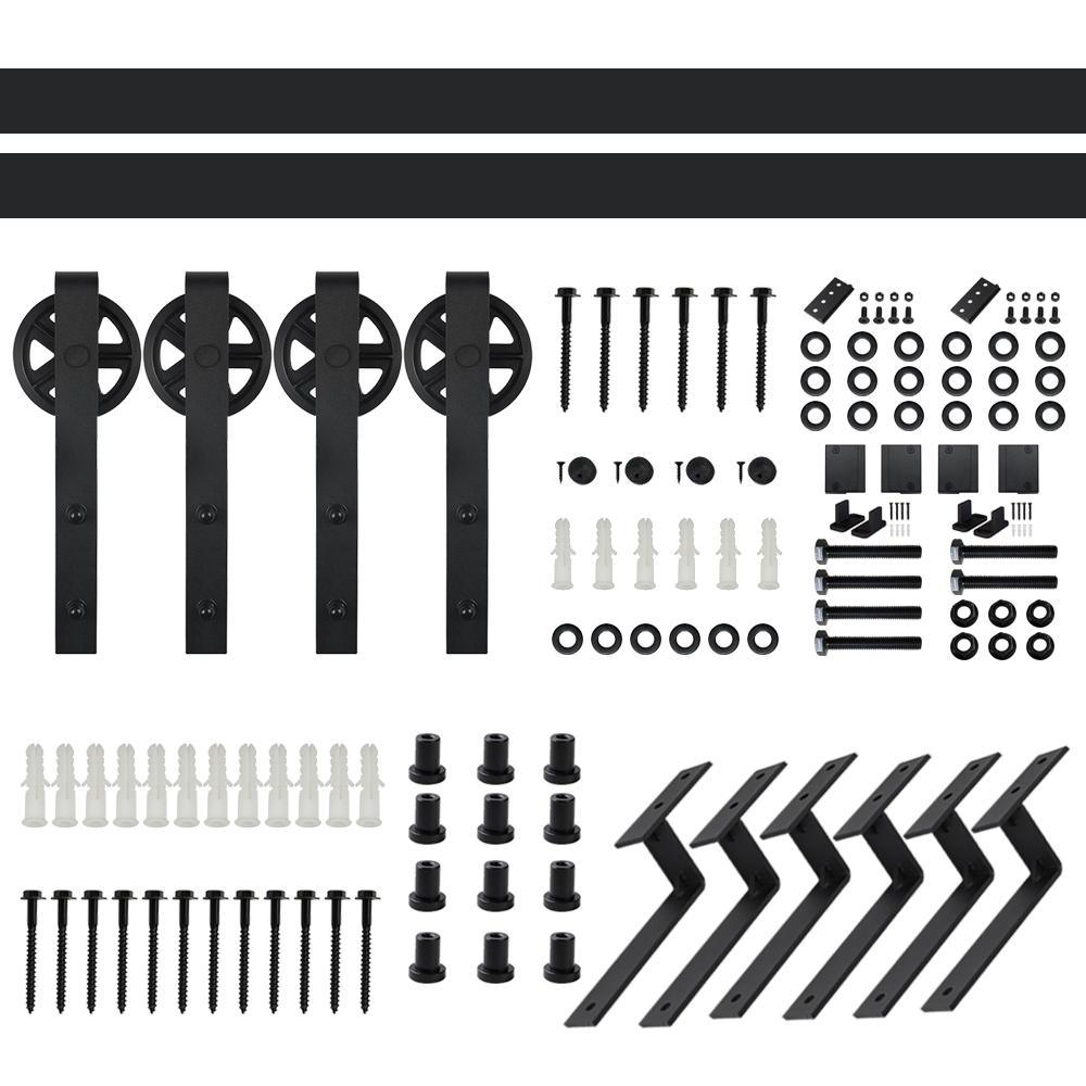 8 ft./96 in. Black Sliding Bypass Barn Door Hardware Track Kit for Double Doors with Non-Routed Floor Guide - Super Arbor