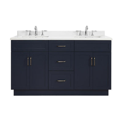 Lincoln 60 in. W x 22 in. D Vanity in Midnight Blue with Marble Vanity Top in White with White Sink - Super Arbor