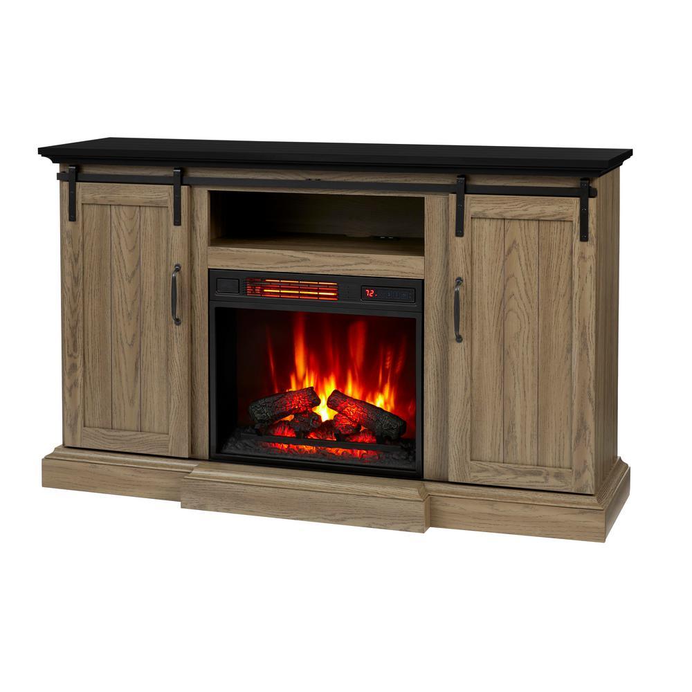 Kerrington 60 in. Freestanding Media Console Electric Fireplace with Barn Door in Rustic Walnut - Super Arbor