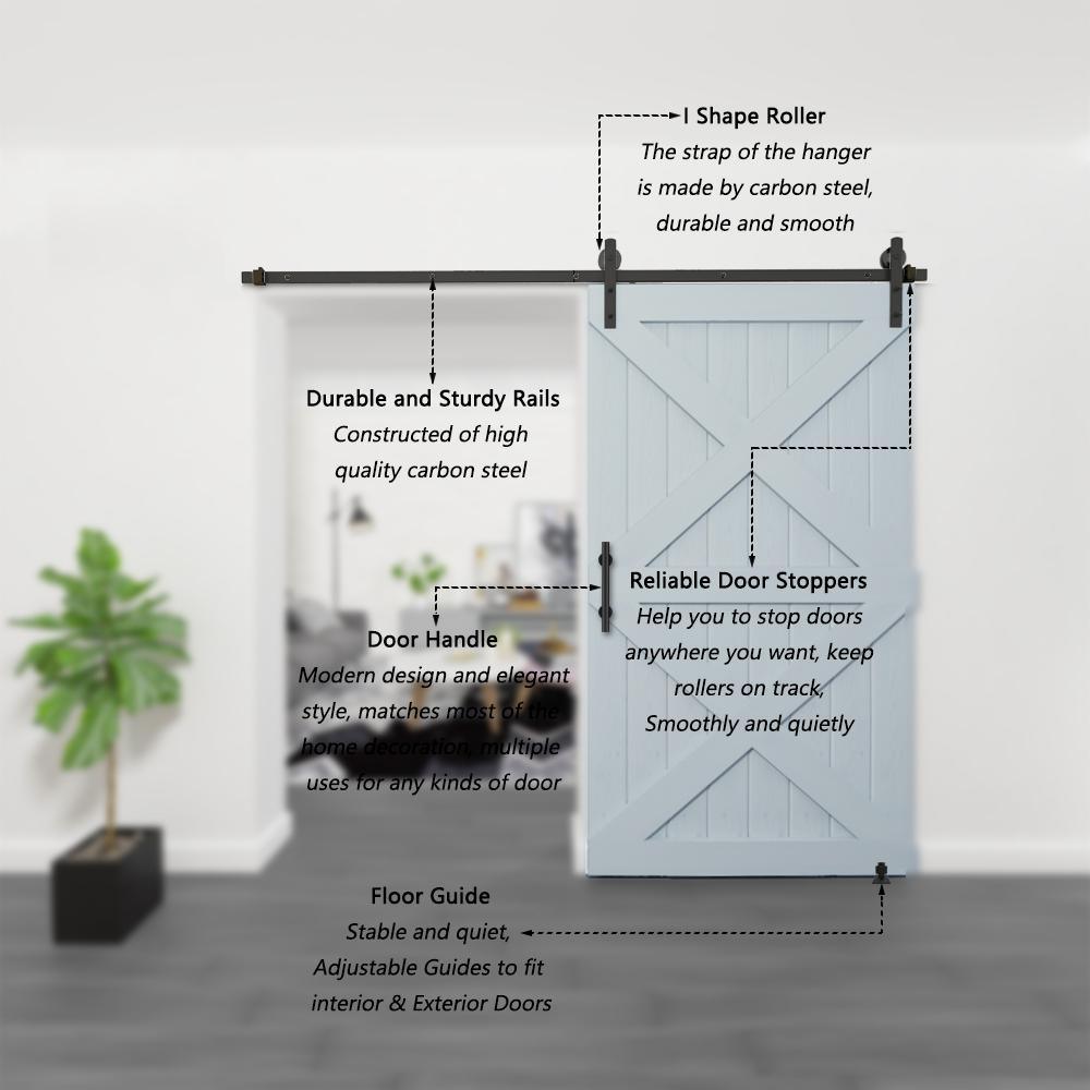 8 ft./96 in. Black Steel Straight Sliding Barn Door Track and Hardware Kit with 12 in. Square Handle and Floor Guide - Super Arbor