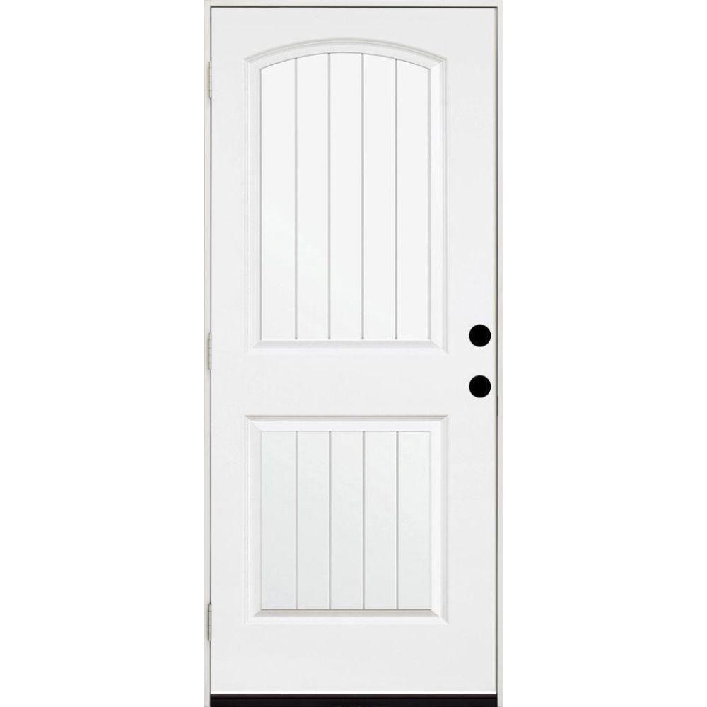 32 in. x 80 in. Premium 2-Panel Plank Primed White Steel Prehung Front Door with 32 in. Left-Hand Outswing & 4 in. Wall - Super Arbor