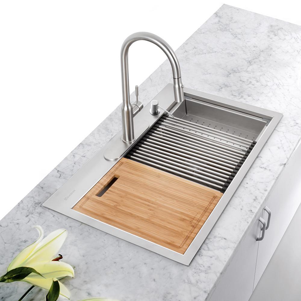 All-in-One Drop-In Stainless Steel 33 in. 4-Hole 50/50 Double Bowl Workstation Sink with Faucet and Accessories Kit - Super Arbor