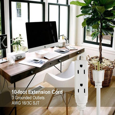 Hyper Tough 10FT 16AWG 3 Prong White Indoor 3-Outlet Extension Cord