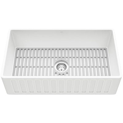 Matte Stone White Composite 33 in. Single Bowl Farmhouse Apron-Front Kitchen Sink Set with Strainer and Silicone Grid