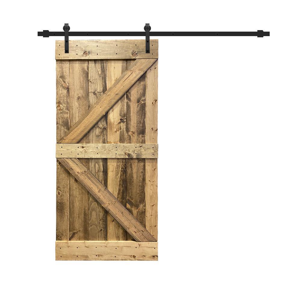 Distressed K 42 in. x 84 in. Walnut Stained Solid Knotty Pine Wood Interior Sliding Barn Door with Hardware Kit - Super Arbor