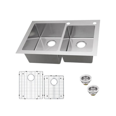 Dual Mount 18-Gauge Stainless Steel 33 in. 2-Hole 60/40 Double Bowl Kitchen Sink with Grid and Drain Assemblies