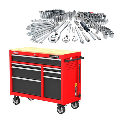 CRAFTSMAN 2000 Series 41-in W x 34-in H 7-Drawer Steel Rolling Tool Cabinet (Red) & 189-Piece Standard (SAE) and Metric Combination Polished Chrome Mechanics Tool Set (1/4-in; 3/8-in)